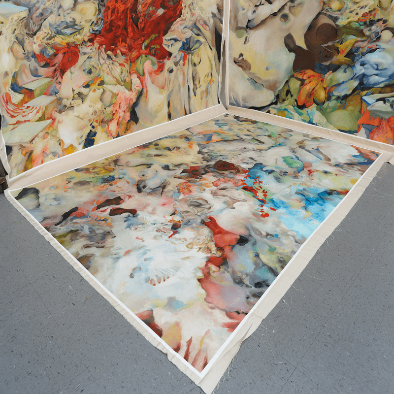 SUYW, 2013, Oil on canvas, thread, grommets, rope, wood, 18 x 11 feet by 10 x 11 feet x 10 x 8 feet