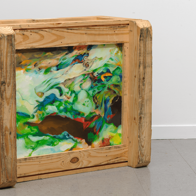 CR, 2012, Oil on wooden crate, 31 x 35 x 18.5 in